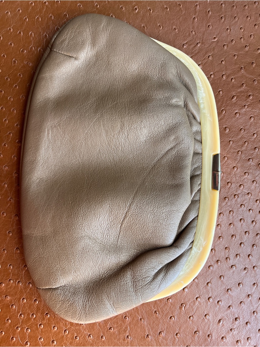 MCM Ruth Saltz Ivory Lucite Handle And Taupe  Leather Clutch Purse Hand Bag